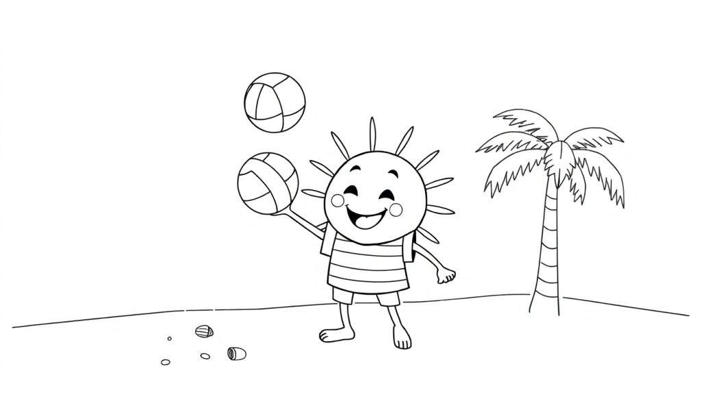 A happy sun character with a volleyball jersey juggles two volleyballs on a sunny beach, ready for a coloring panel.