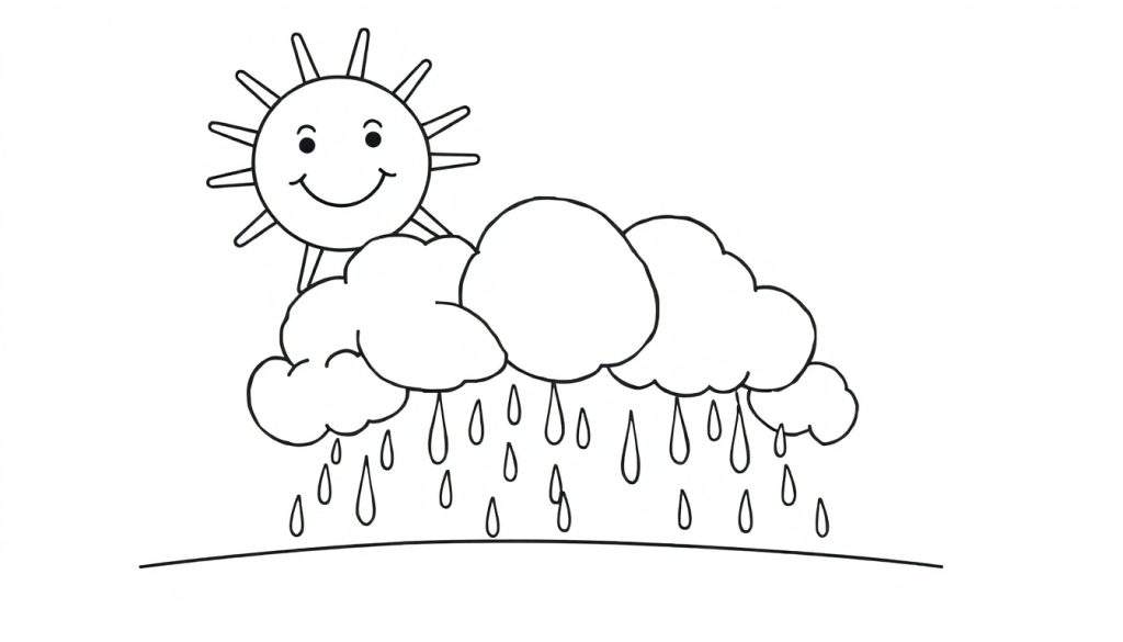 A black and white cartoon color panel showing a smiling sun and three rain clouds with falling raindrops.