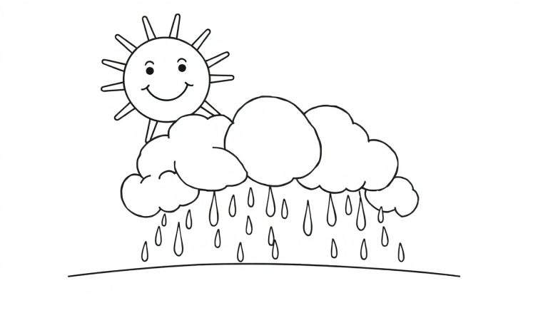 A black and white cartoon color panel showing a smiling sun and three rain clouds with falling raindrops.