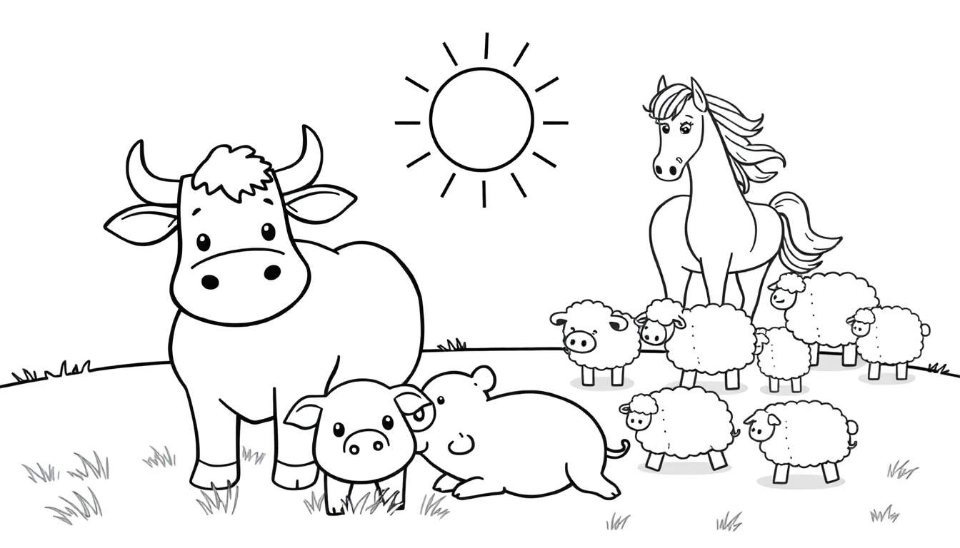 Black and white color panel of farm animals: a cow, pigs, sheep, and a horse under the sun.