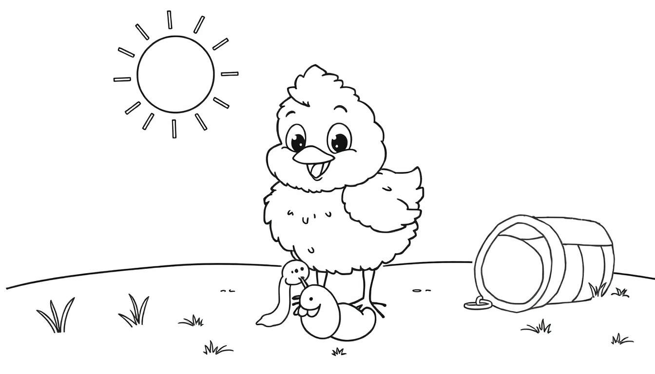 A cute chick and a worm in a sunny farmyard coloring page, black and white, simple lines, a color panel.