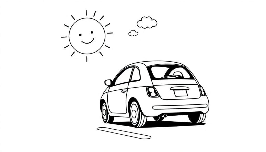 A simple black and white cartoon drawing of a Fiat 500 car from the back on a sunny day, featuring a smiling sun and clouds, all in a charming color panel style.