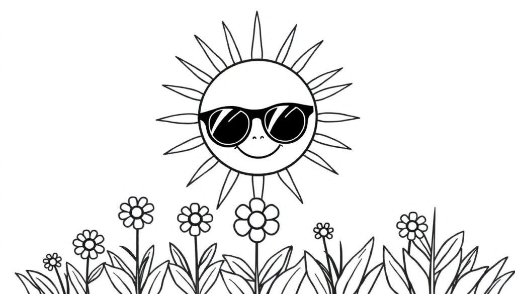 A smiling sun wearing sunglasses shines on a color panel of wildflowers.