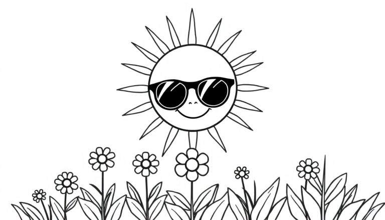 A smiling sun wearing sunglasses shines on a color panel of wildflowers.