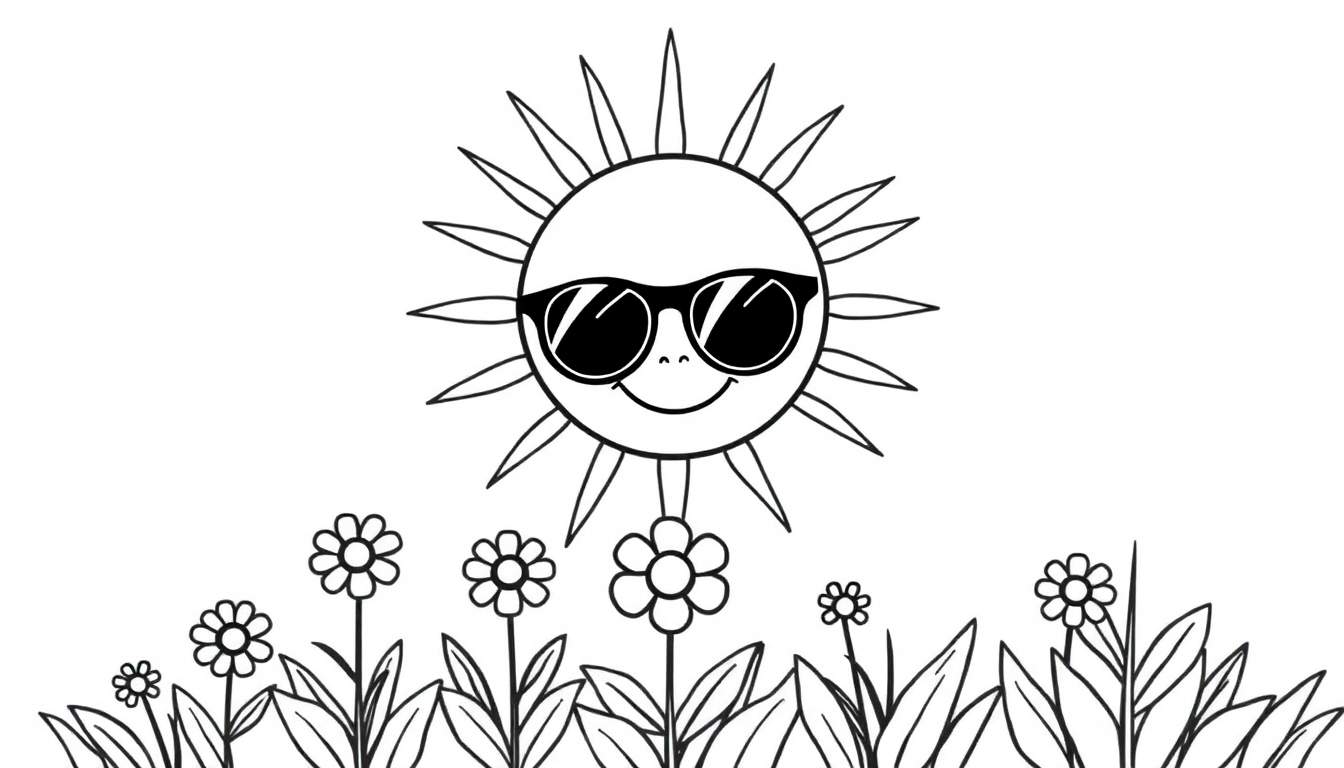 A smiling sun wearing sunglasses shines on a color panel of wildflowers.