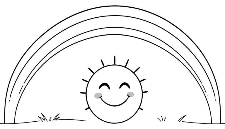 A cheerful sun character with a smile, situated between two patches of grass, with a triple-layered rainbow arching overhead. A delightful color panel for creative fun.