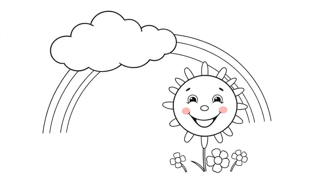 A happy sun with a rainbow and a cloud, a black and white color panel for children.