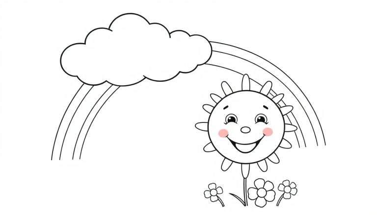 A happy sun with a rainbow and a cloud, a black and white color panel for children.