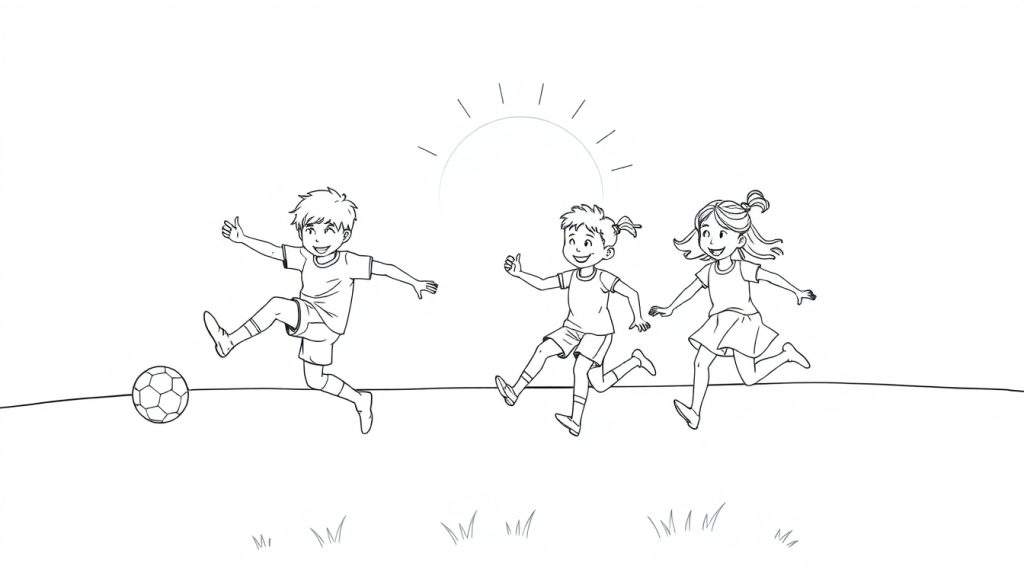 A black and white color panel of happy kids playing soccer.