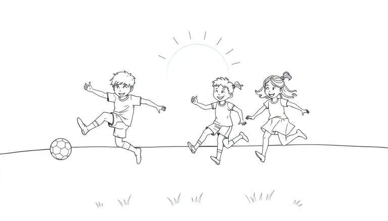 A black and white color panel of happy kids playing soccer.