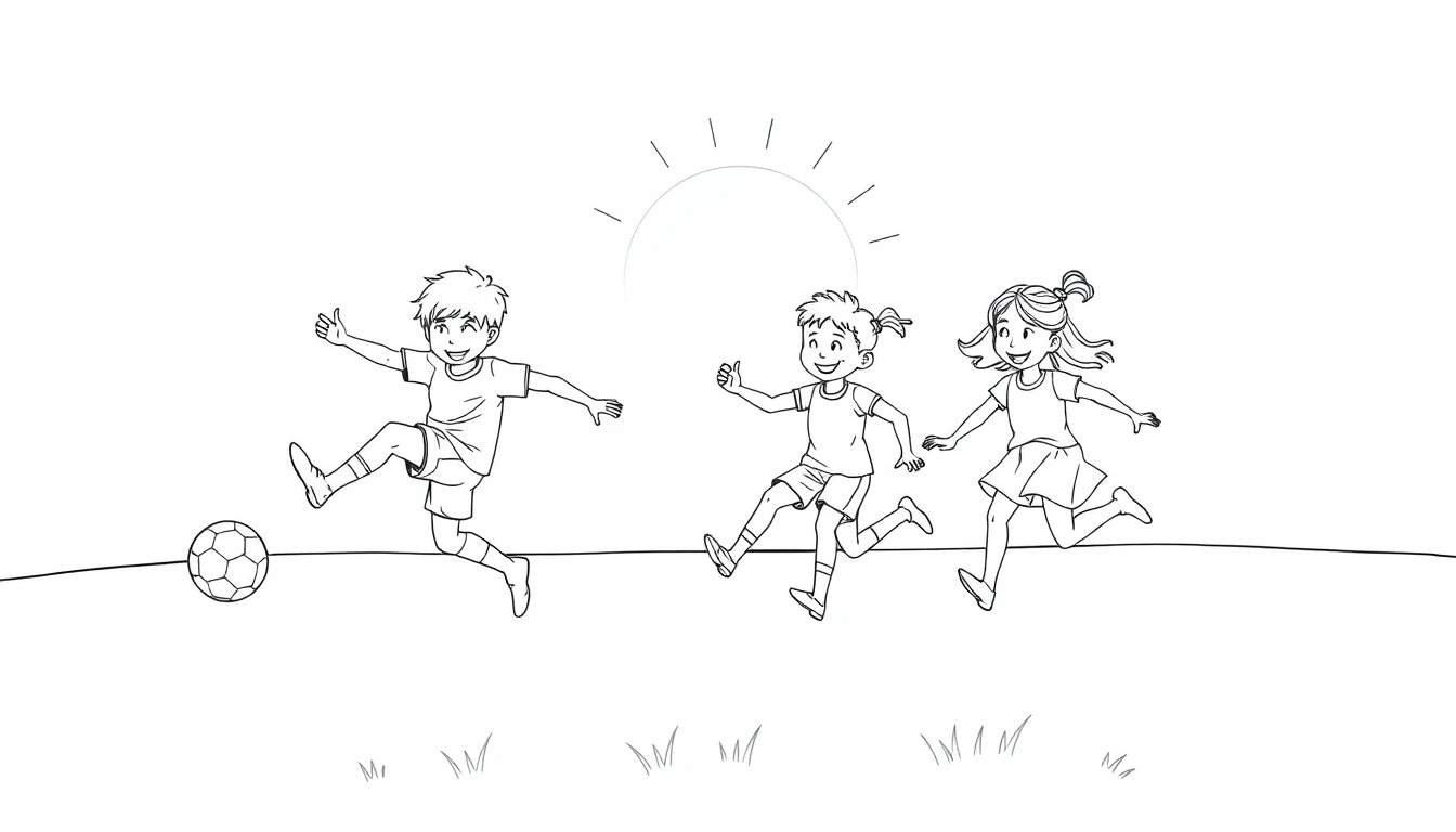 A black and white color panel of happy kids playing soccer.