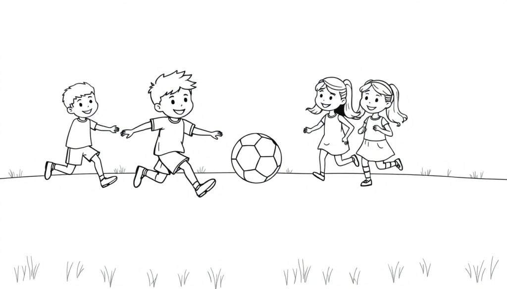 A cheerful group of kids playing soccer on a sunny field, ready for coloring. This is a fun color panel!