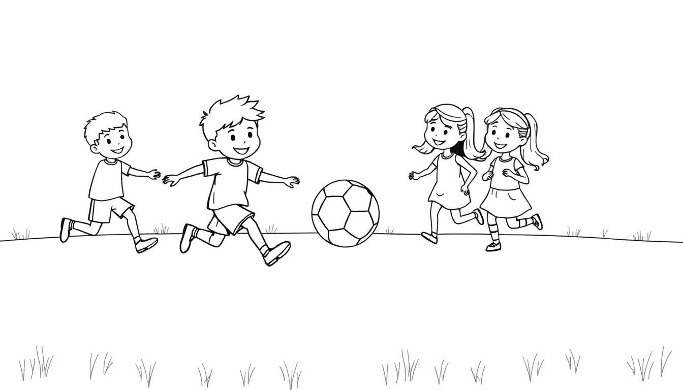 A cheerful group of kids playing soccer on a sunny field, ready for coloring. This is a fun color panel!