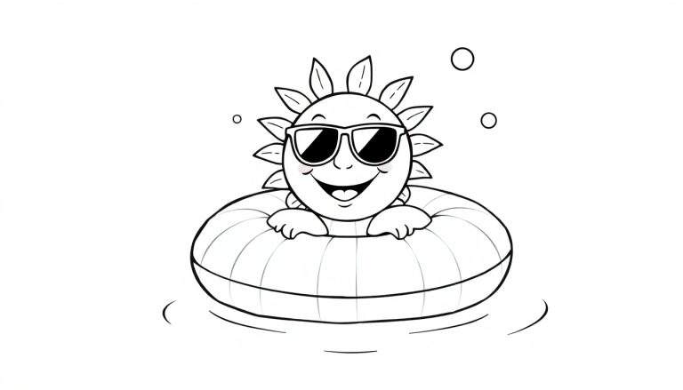 A happy cartoon sun wearing sunglasses and floating on a donut-shaped inflatable in a pool, as a black and white color panel for kids.