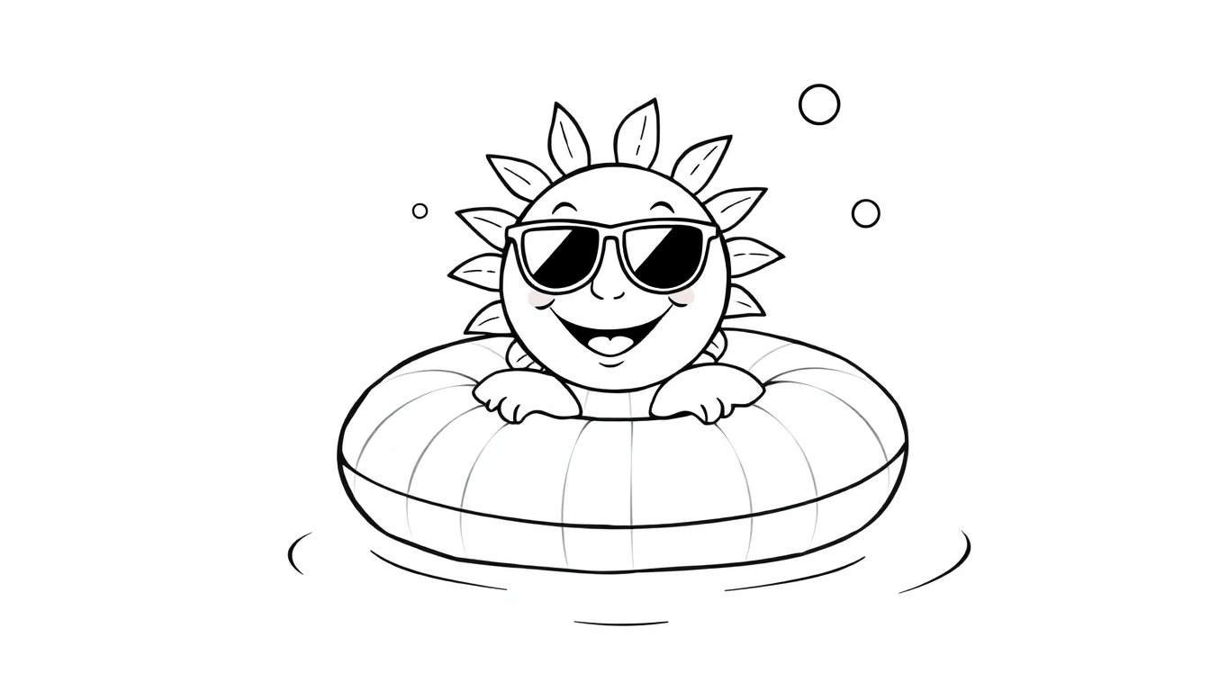 A happy cartoon sun wearing sunglasses and floating on a donut-shaped inflatable in a pool, as a black and white color panel for kids.
