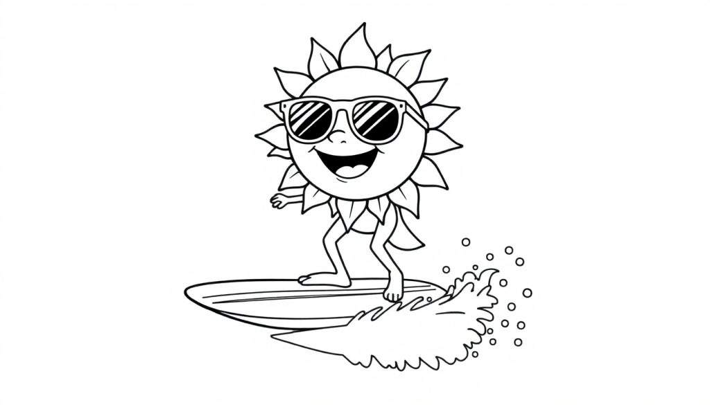 A black and white color panel illustration of a smiling sunflower wearing sunglasses and riding a surfboard on a wave.