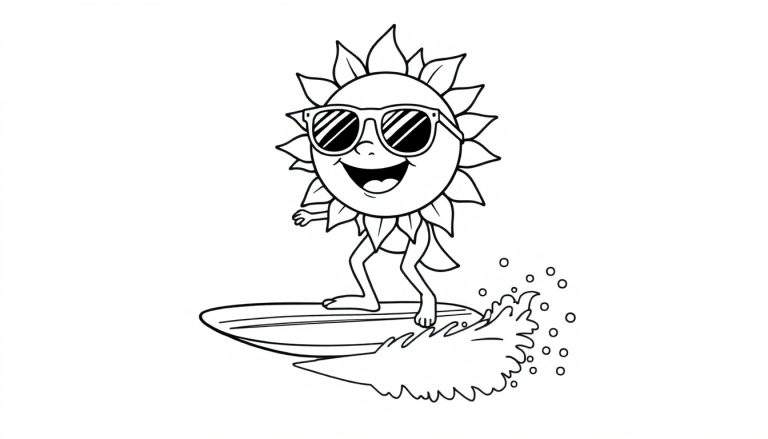 A black and white color panel illustration of a smiling sunflower wearing sunglasses and riding a surfboard on a wave.