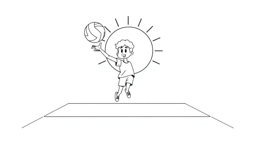 A cute cartoon volleyball player jumping on a sunny court, ready to spike. This black and white color panel is ready for some fun coloring!