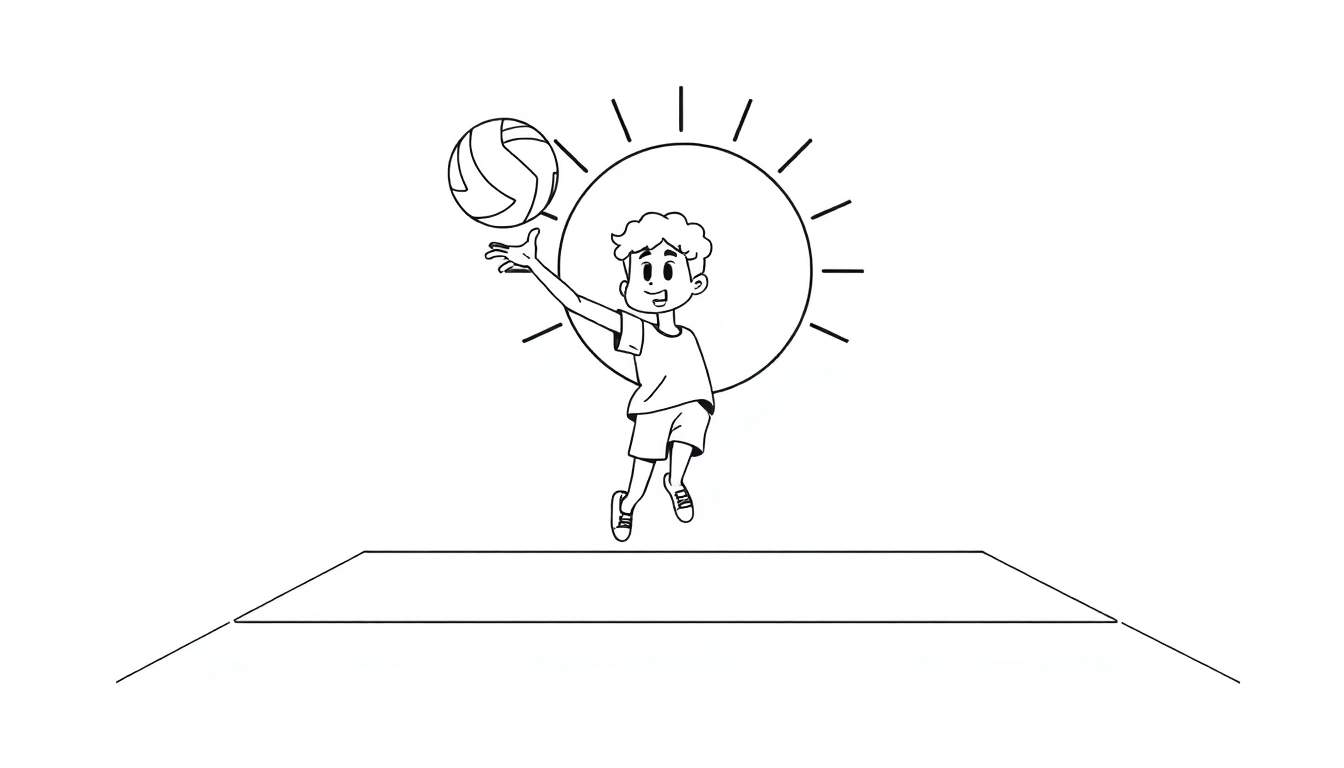 A cute cartoon volleyball player jumping on a sunny court, ready to spike. This black and white color panel is ready for some fun coloring!