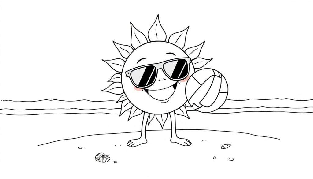 A happy sun wearing sunglasses, playing volleyball on a beach, in a black and white color panel for coloring.