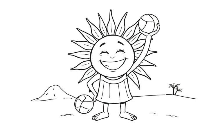A happy sun in a color panel with a volleyball uniform on a beach.