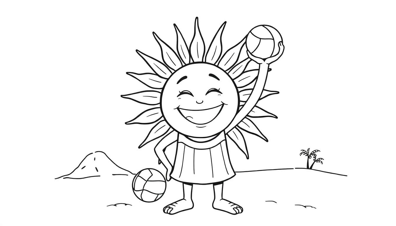 A happy sun in a color panel with a volleyball uniform on a beach.