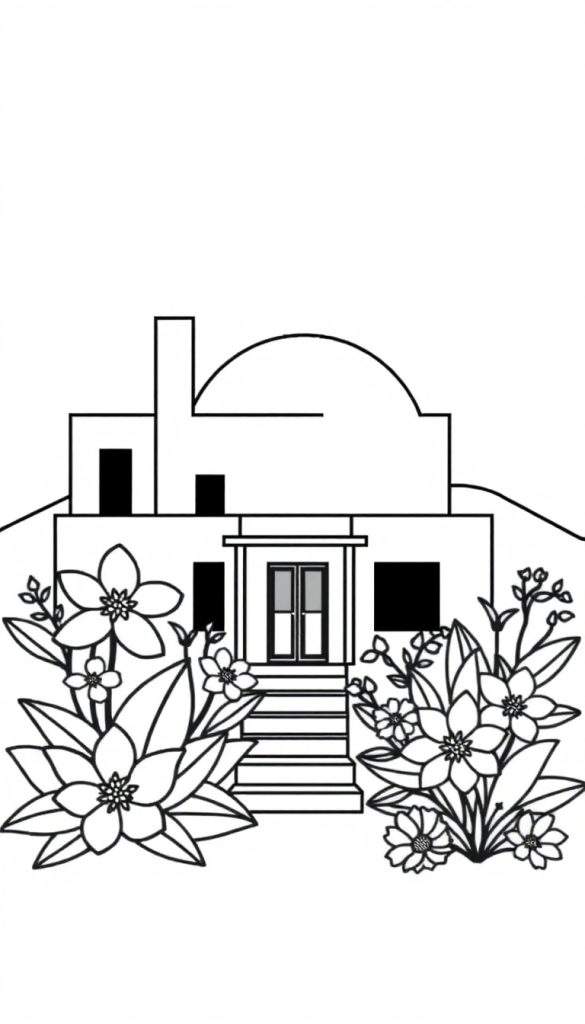 Geometric villa with flowers at sunset.