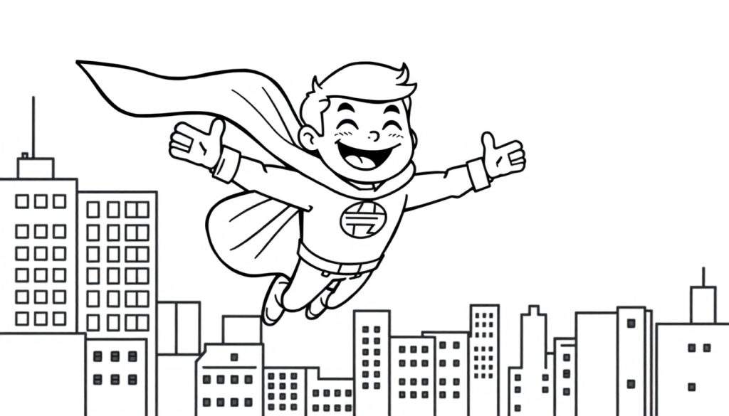 A happy cartoon superhero boy in a black and white color panel, flying with his cape and thumbs up.
