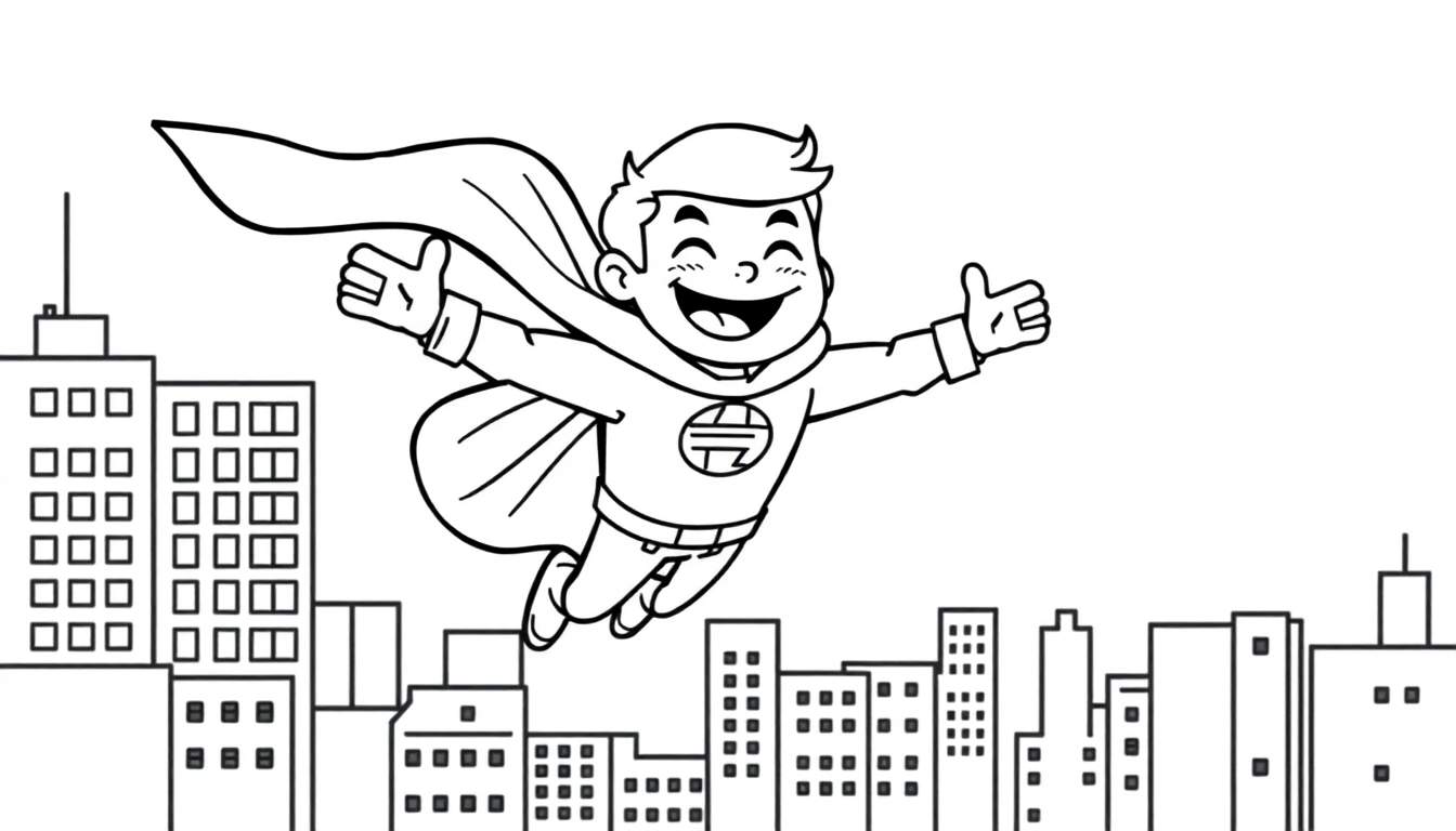 A happy cartoon superhero boy in a black and white color panel, flying with his cape and thumbs up.