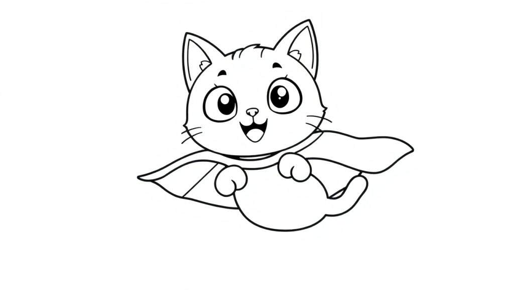 A cute cartoon cat with a superhero cape, ready for coloring, a fun color panel adventure!