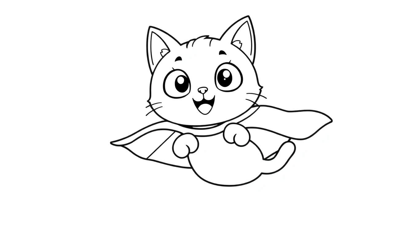 A cute cartoon cat with a superhero cape, ready for coloring, a fun color panel adventure!