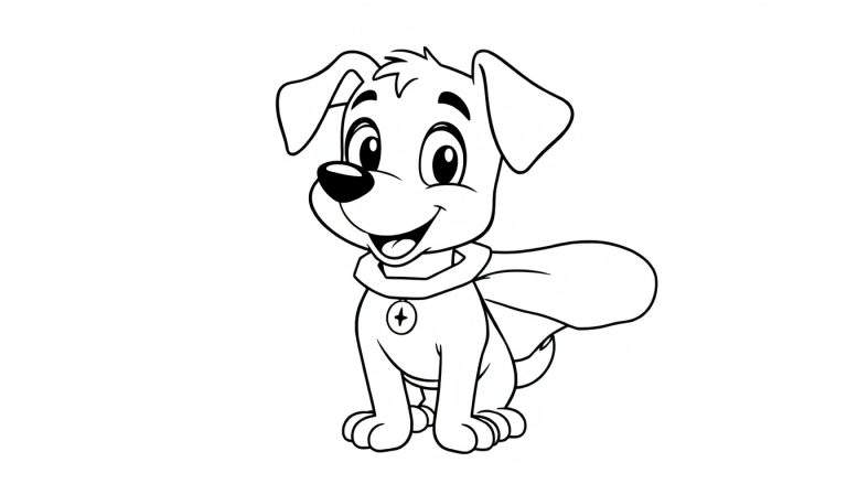 A cute cartoon dog in a superhero cape, ready for adventure in a black and white color panel.
