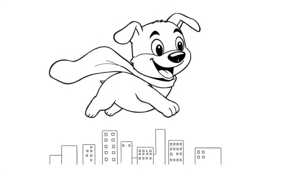 A cute superhero dog in a cape flying over a city, a black and white color panel for kids.