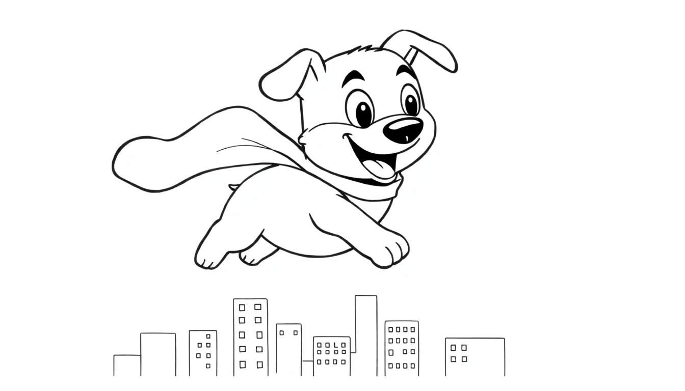 A cute superhero dog in a cape flying over a city, a black and white color panel for kids.