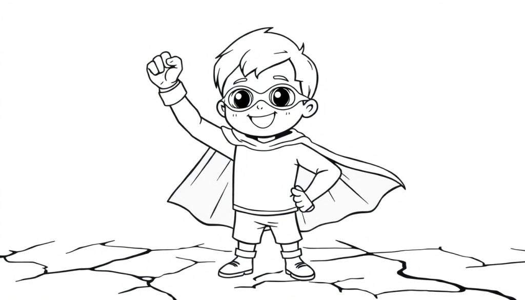 Cute superhero kid striking a heroic pose with a big smile, ready to save the day! Black and white coloring panel.