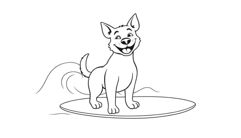 A happy cartoon dog with floppy ears and its tongue out, standing on a surfboard, is ready for a surf lesson in this black and white color panel.