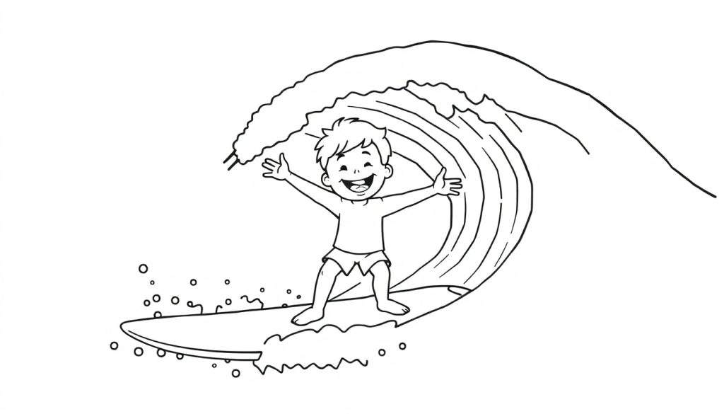 A happy boy surfing, a color panel for kids.