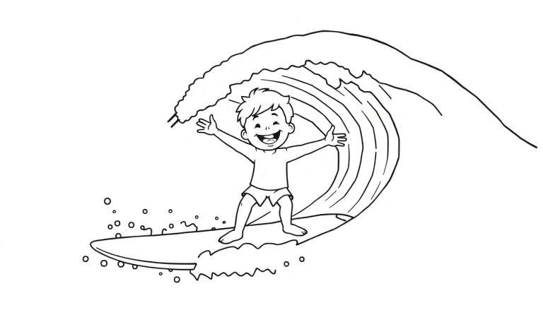 A happy boy surfing, a color panel for kids.