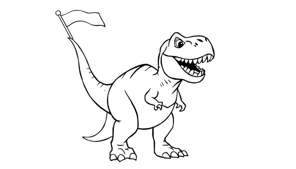 A friendly black and white cartoon T-Rex holding a flag on its tail, ready for a color panel.