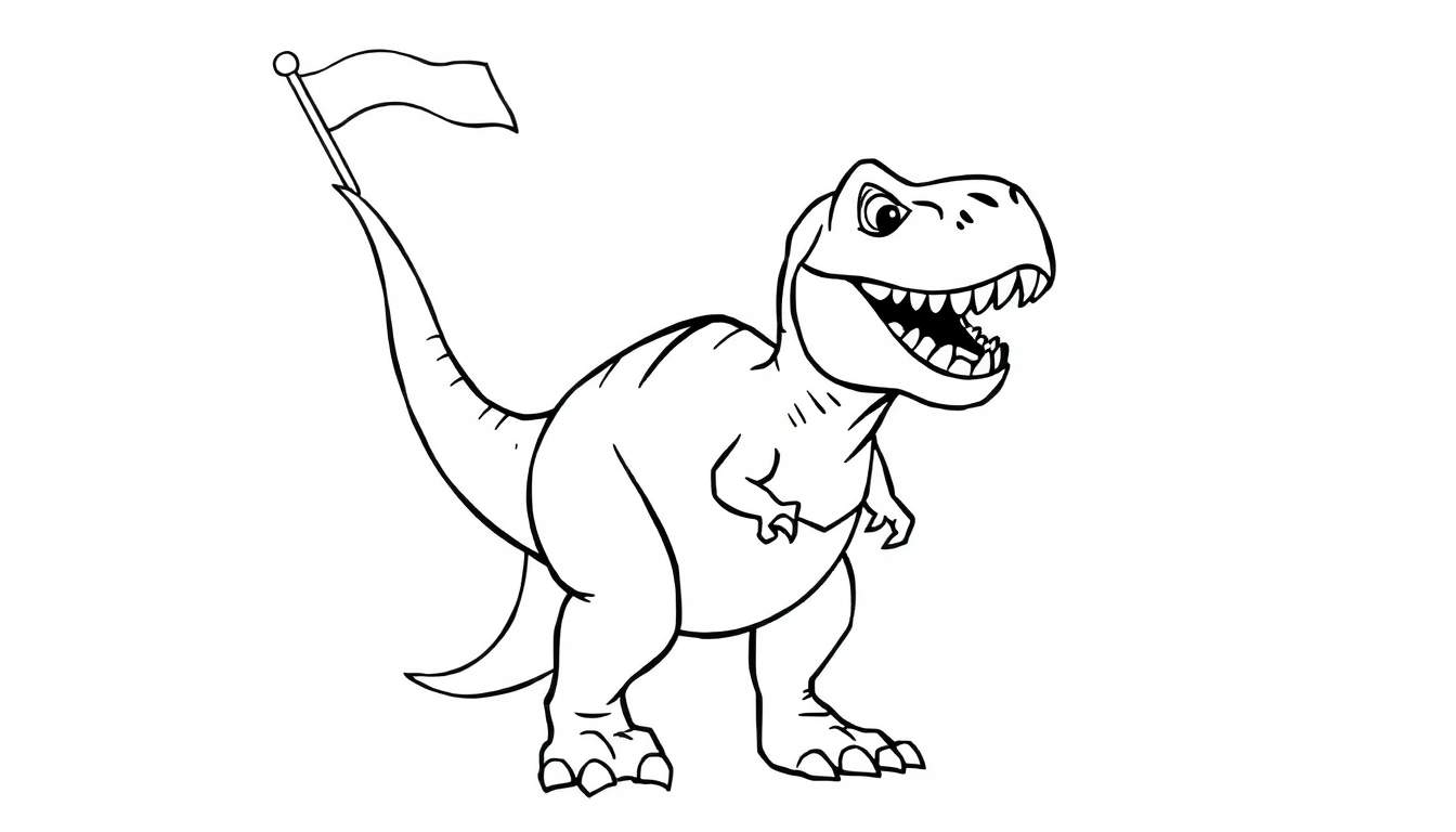 A friendly black and white cartoon T-Rex holding a flag on its tail, ready for a color panel.