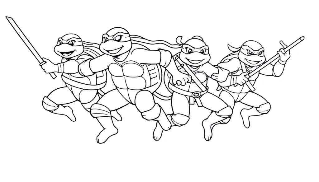 Teenage Mutant Ninja Turtles running in a black and white color panel.