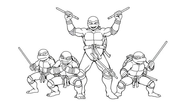 Teenage Mutant Ninja Turtles karate pose color panel.