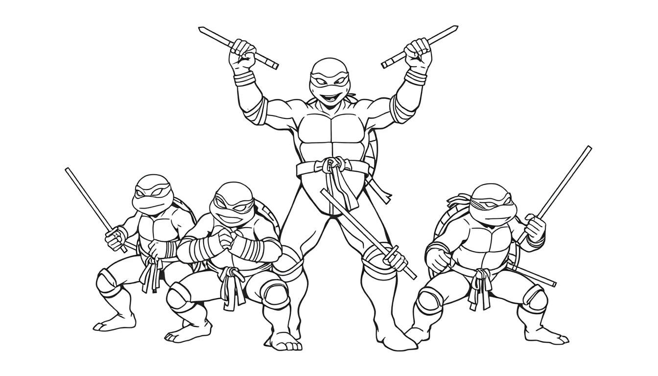 Teenage Mutant Ninja Turtles karate pose color panel.