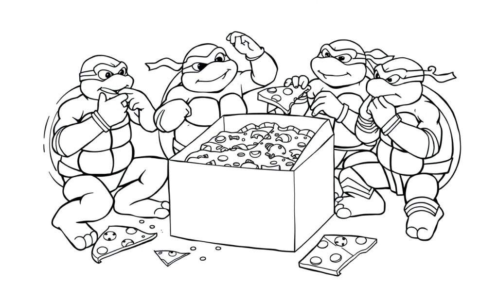 Teenage Mutant Ninja Turtles enjoying pizza in a black and white coloring panel.