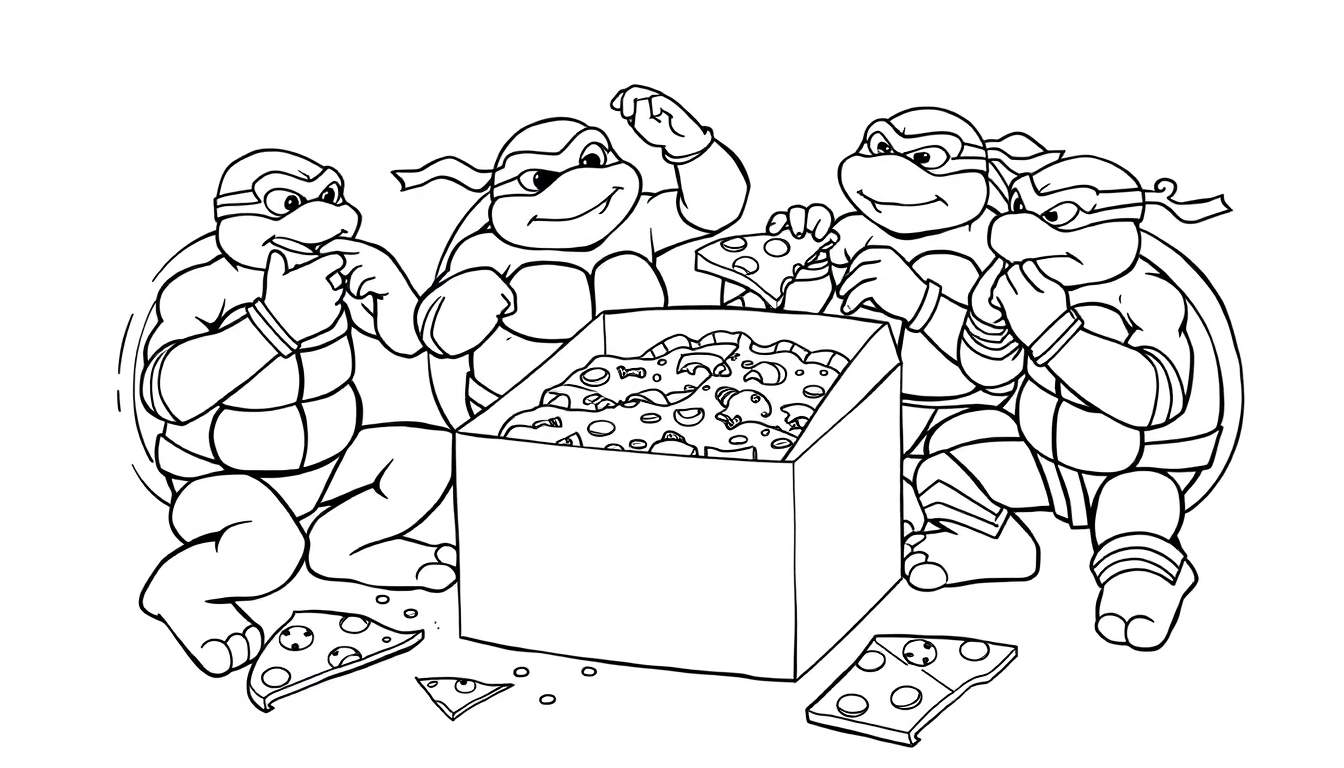 Teenage Mutant Ninja Turtles enjoying pizza in a black and white coloring panel.