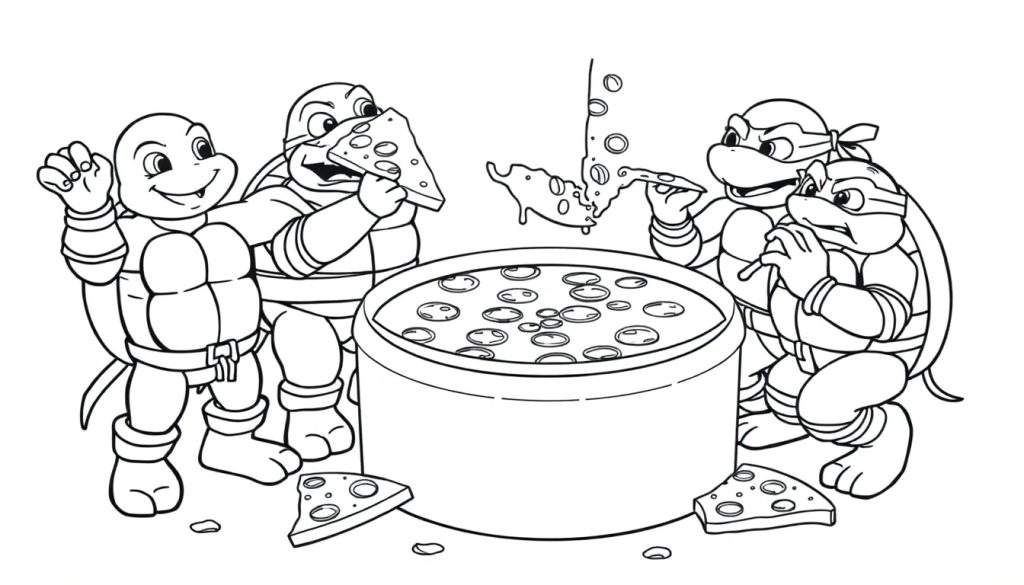 Teenage Mutant Ninja Turtles enjoying pizza around a container, black and white coloring panel.