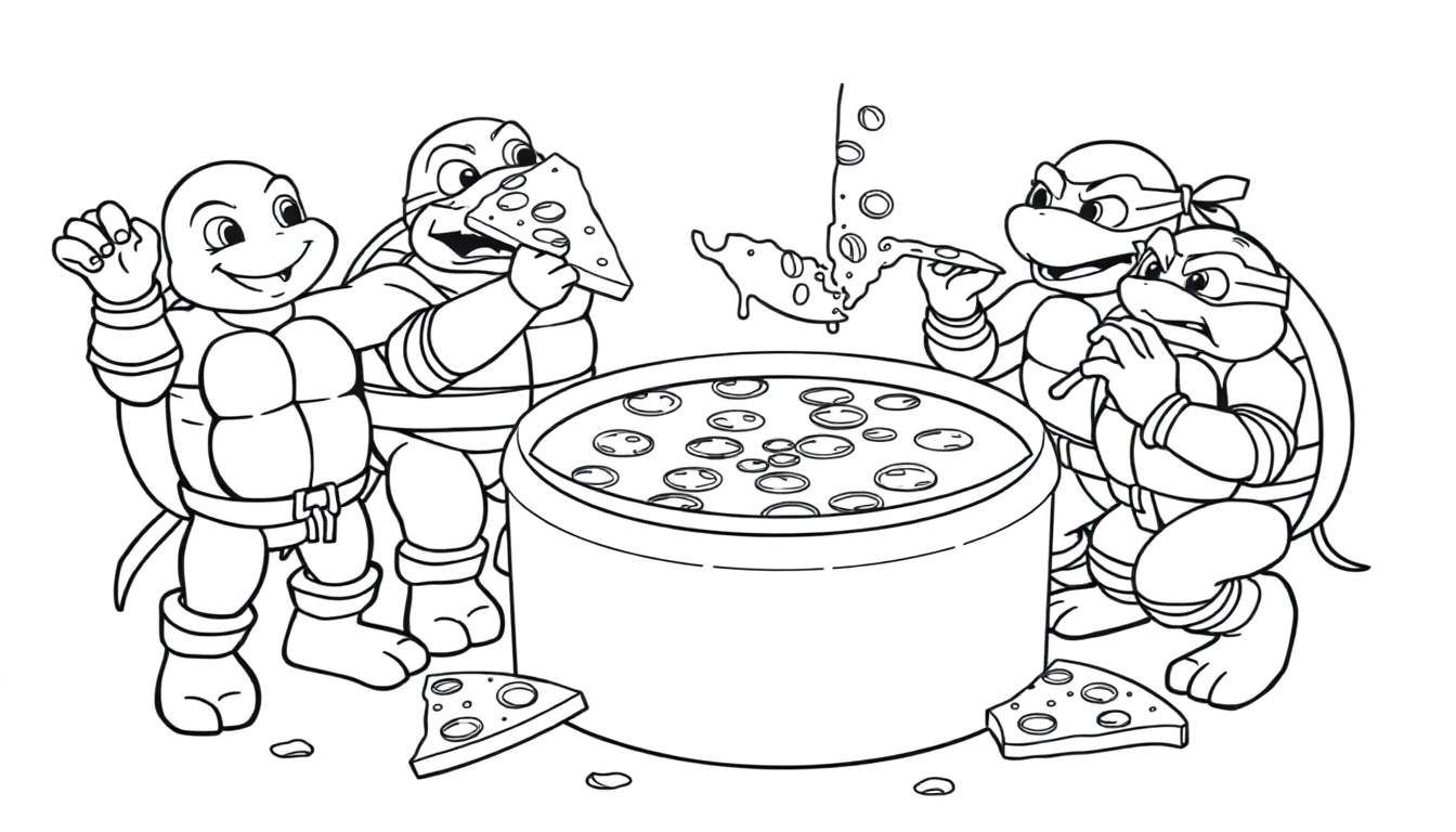 Teenage Mutant Ninja Turtles enjoying pizza around a container, black and white coloring panel.