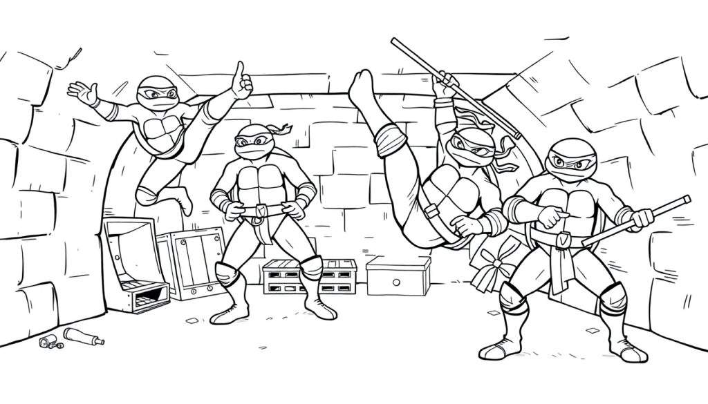 Teenage Mutant Ninja Turtles color panel with four turtles practicing karate in a sewer.