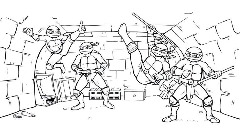 Teenage Mutant Ninja Turtles color panel with four turtles practicing karate in a sewer.