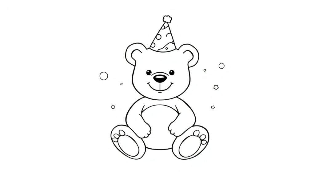 A friendly teddy bear in a party hat on a color panel, ready for fun!